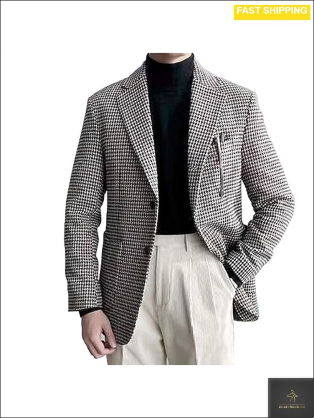Mens Houndstooth Blazer Sport Coat Tweed Two-Button Notch Lapel